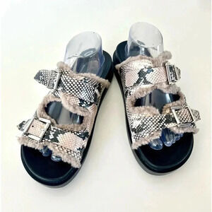 Aerosoles Olivia Sandal Double Strap Leather Snakeskin & Faux Fur Slides Sz 10.5